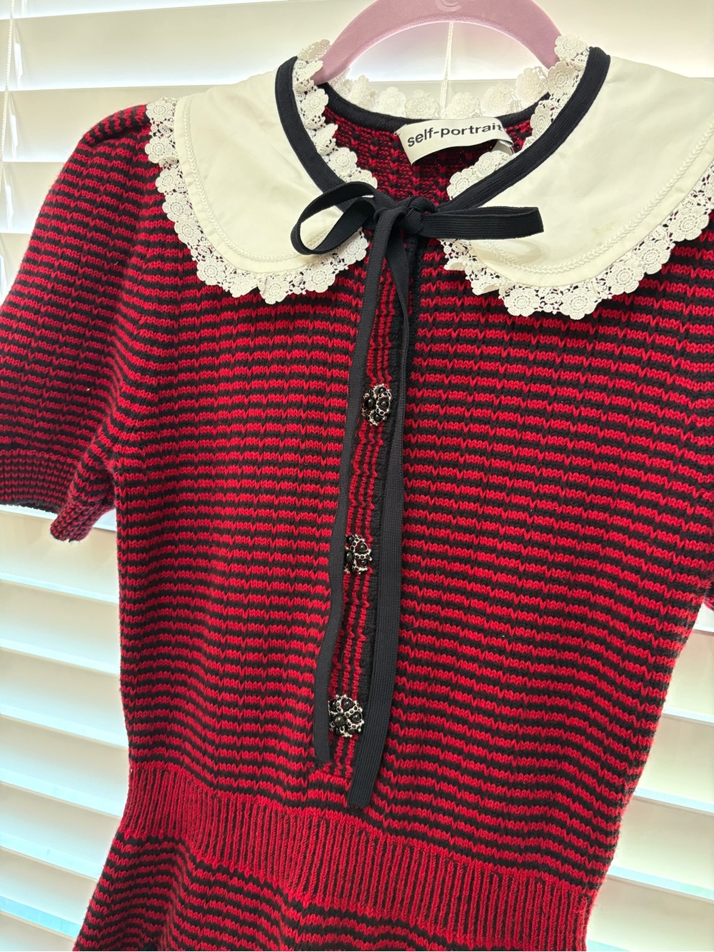 Self-Portrait Red and Black Knit Dress with White Lace Collar - Picture 2 of 8